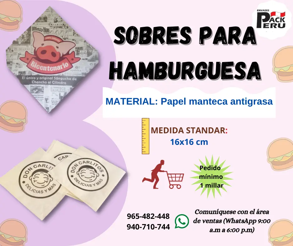 Sobres de papel para hamburguesa y 